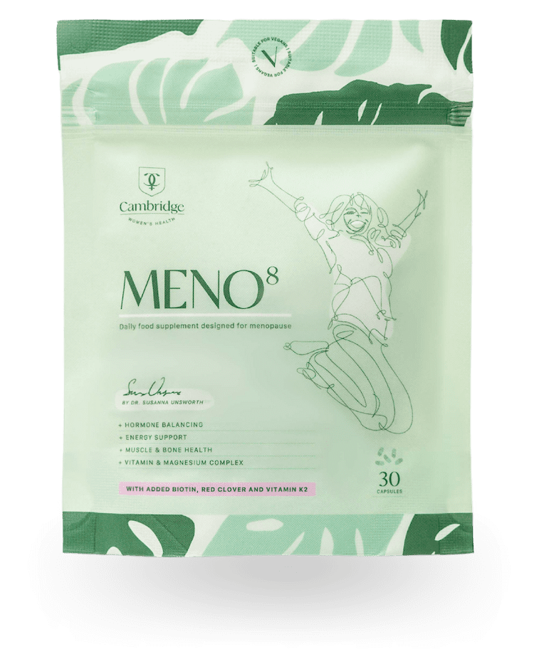 A packet of Meno8 supplements. The pack is light green with light and dark green botanical leaves top and bottom and a hand-drawn happy woman jumping in the air.